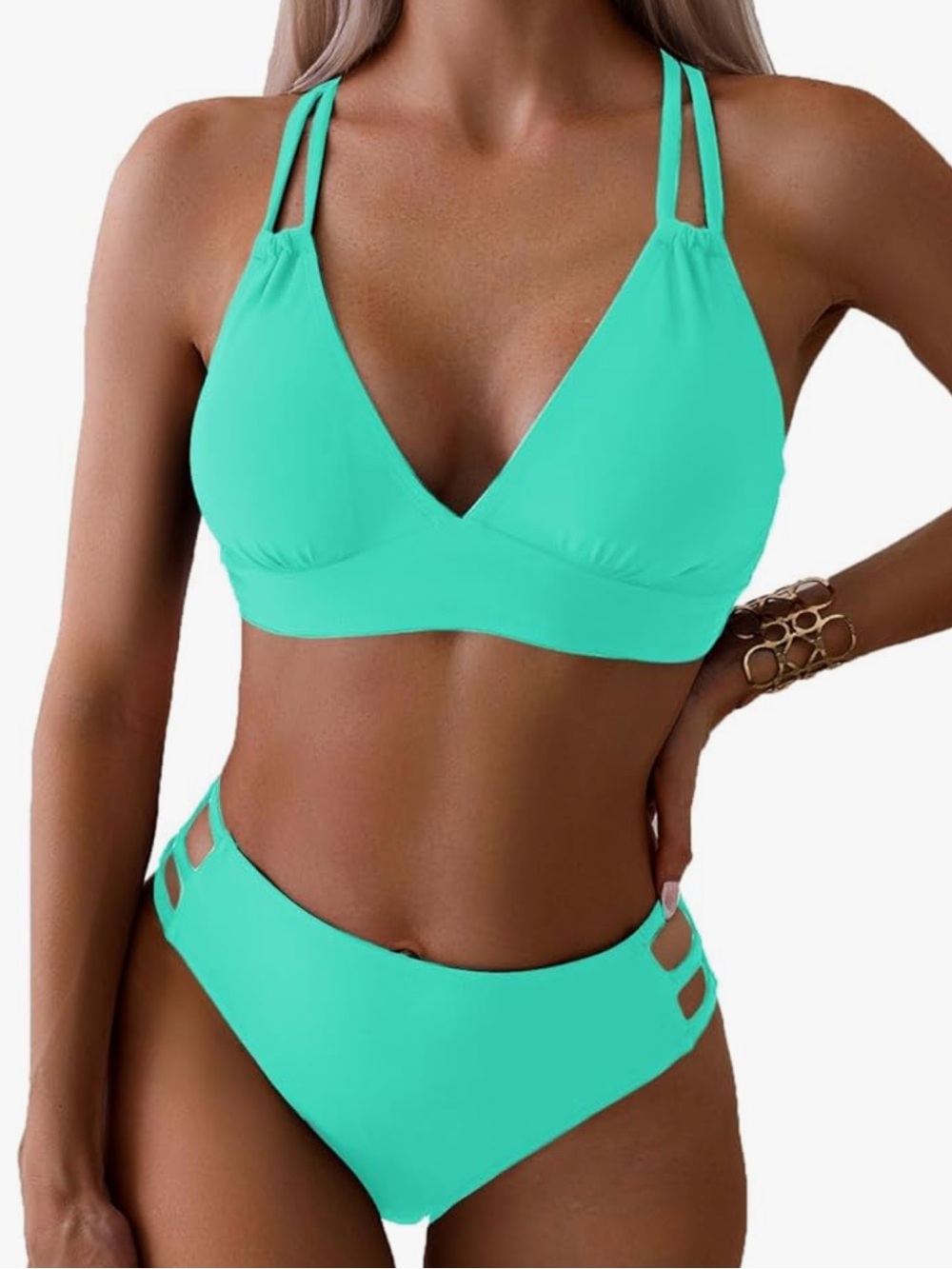 Women's Teal Strappy Bikini Turquoise Push Up V Neck Sets Criss Cross new - Picture 9 of 11